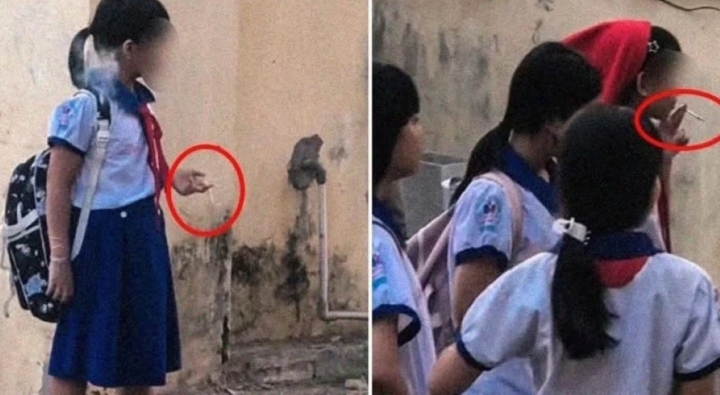 Nhóm nữ sinh tiểu học hút thuốc trong sân trường