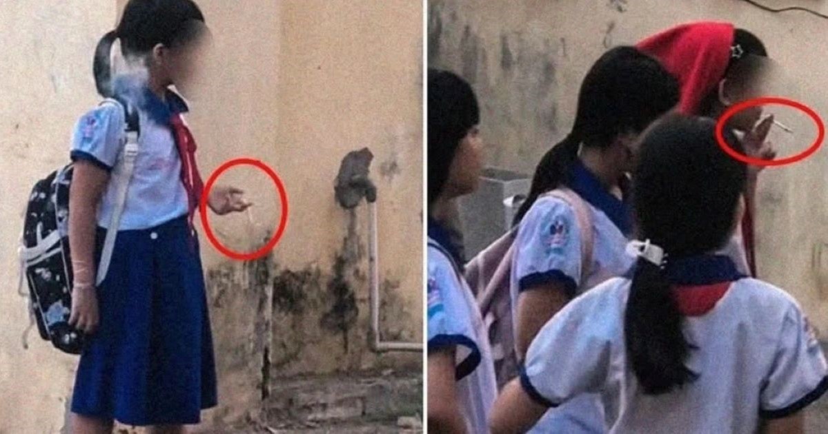 Nhóm nữ sinh tiểu học hút thuốc trong sân trường