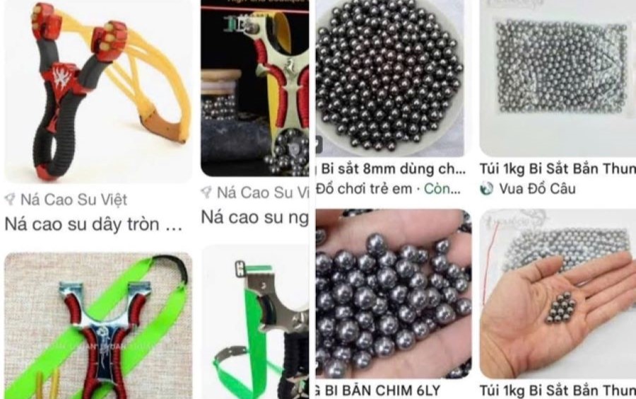 Cảnh báo không cho trẻ em tiếp cận với các trò chơi nguy hiểm như súng ná cao su bắn bi sắt.